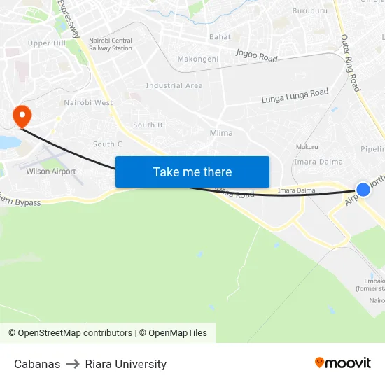 Cabanas to Riara University map