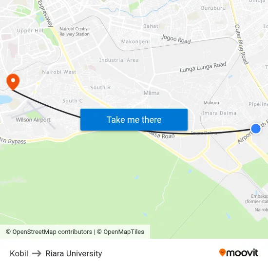 Kobil to Riara University map