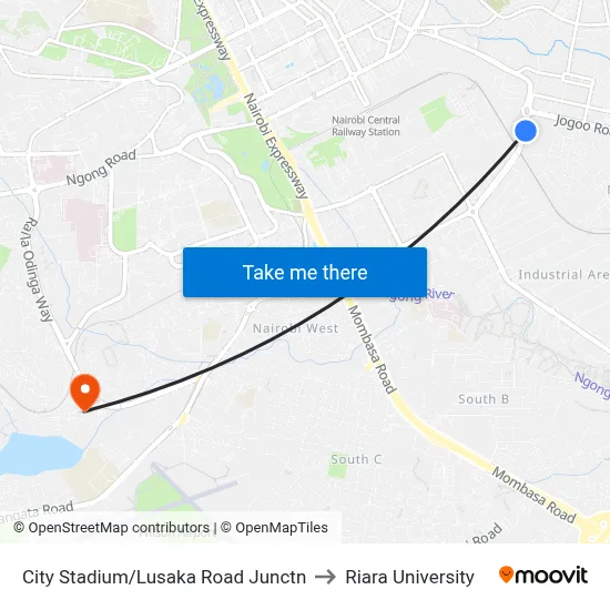 City Stadium/Lusaka Road Junctn to Riara University map