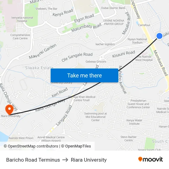 Baricho Road Terminus to Riara University map
