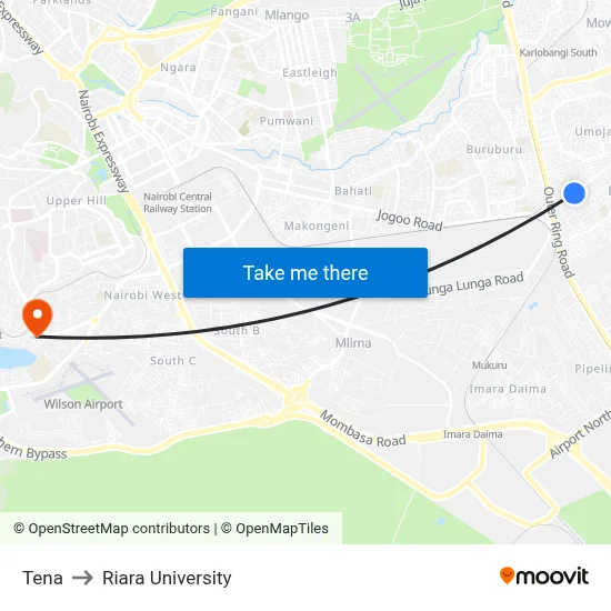 Tena to Riara University map