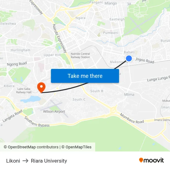 Likoni to Riara University map