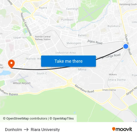 Donholm to Riara University map