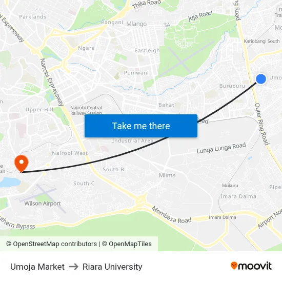 Umoja Market to Riara University map