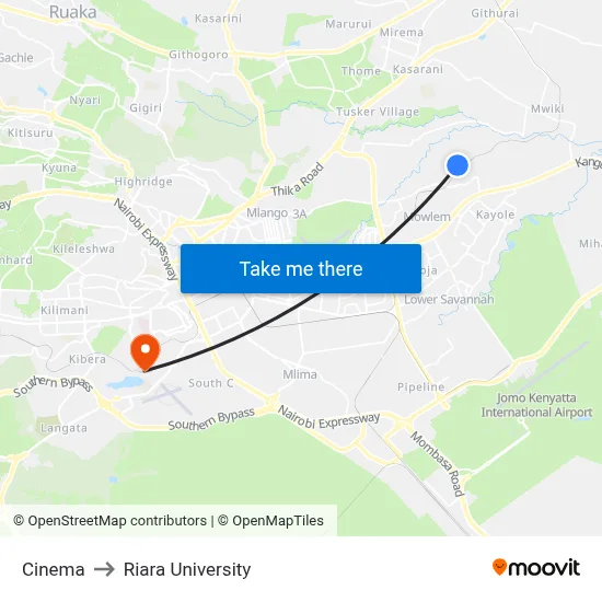 Cinema to Riara University map