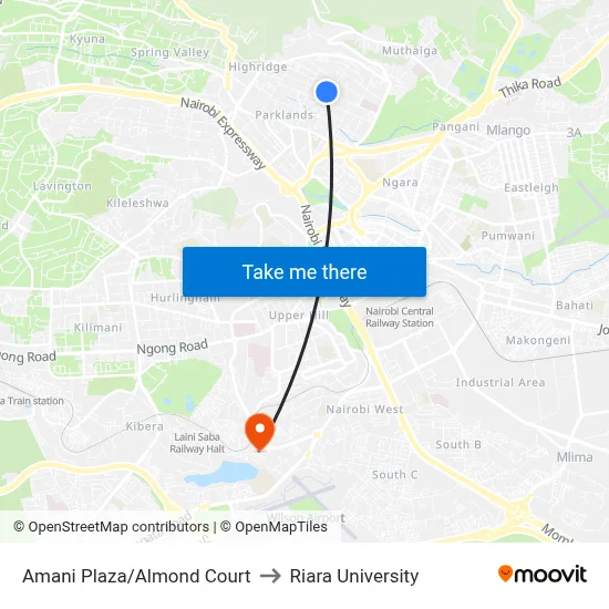 Amani Plaza/Almond Court to Riara University map