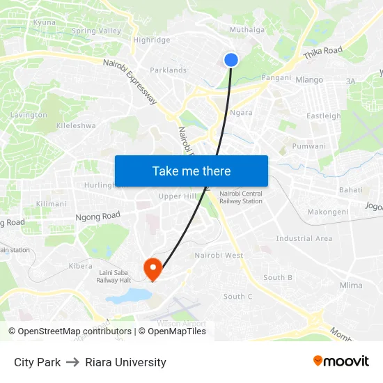 City Park to Riara University map
