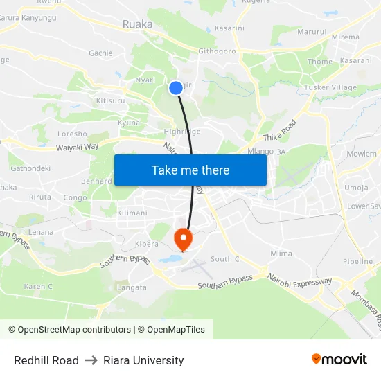 Redhill Road to Riara University map