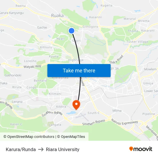 Karura/Runda to Riara University map