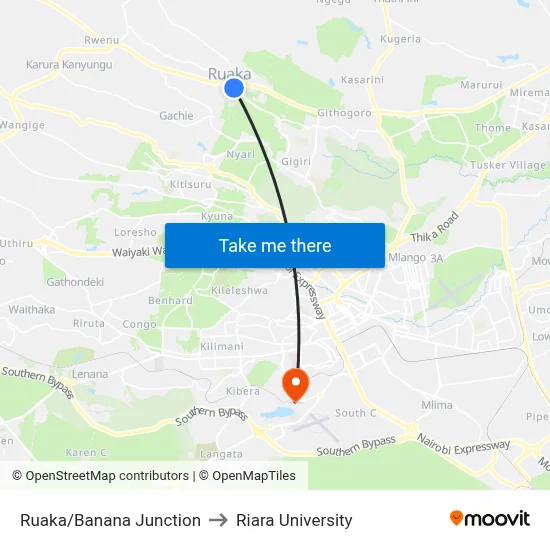 Ruaka/Banana Junction to Riara University map