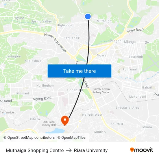 Muthaiga Shopping Centre to Riara University map