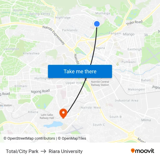 Total/City Park to Riara University map