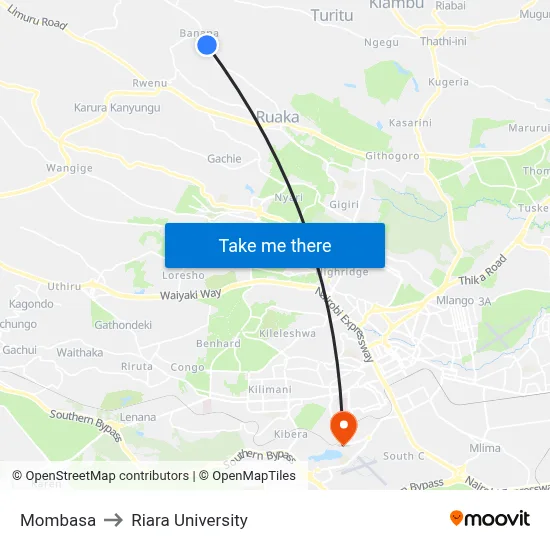 Mombasa to Riara University map