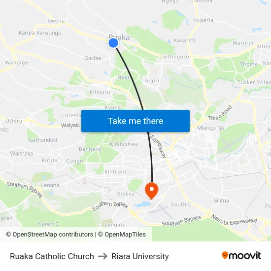 Ruaka Catholic Church to Riara University map