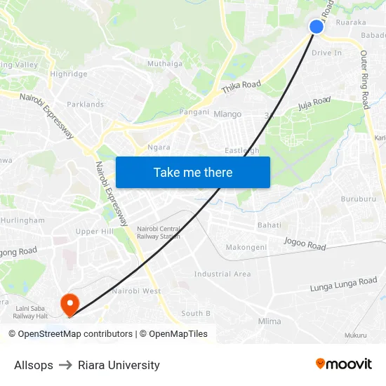 Allsops to Riara University map