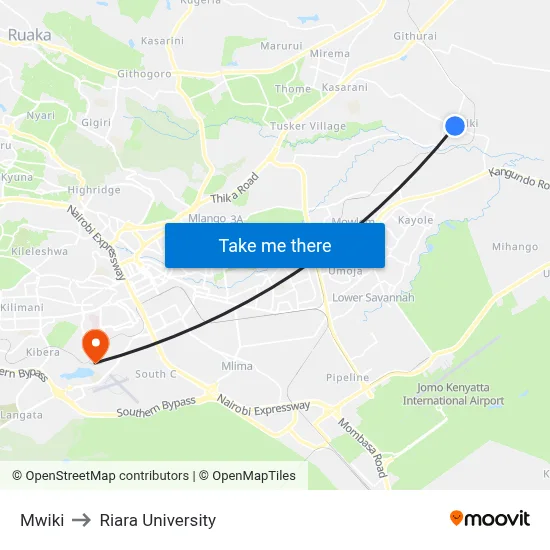 Mwiki to Riara University map