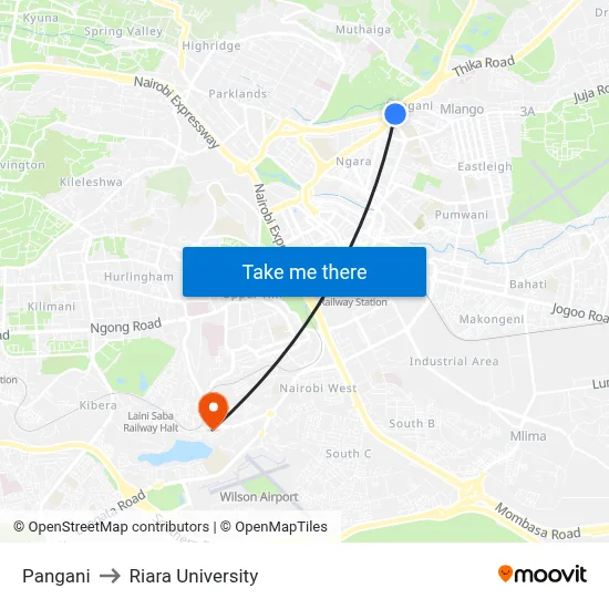 Pangani to Riara University map