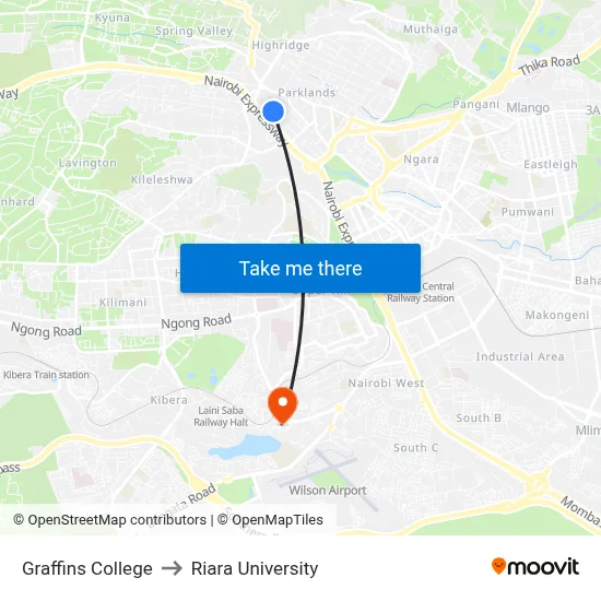 Graffins College to Riara University map