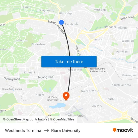 Westlands Terminal to Riara University map