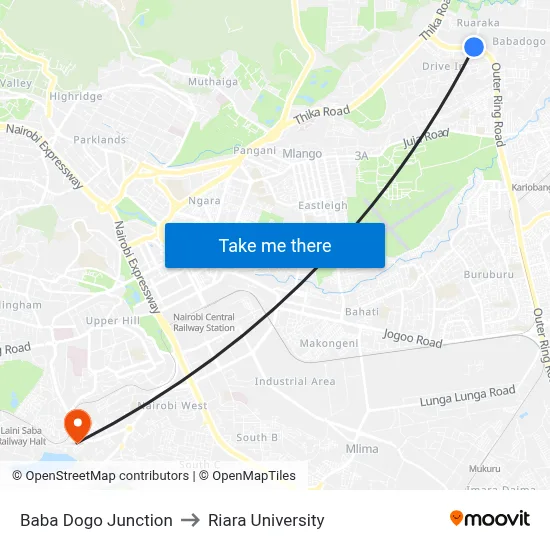 Baba Dogo Junction to Riara University map