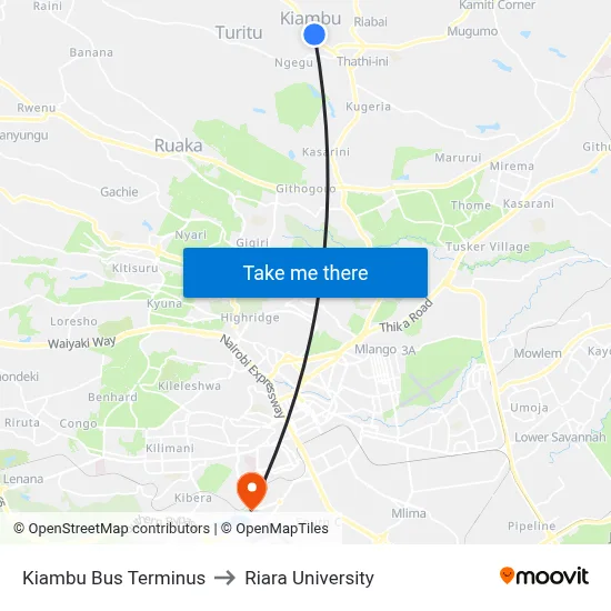 Kiambu Bus Terminus to Riara University map