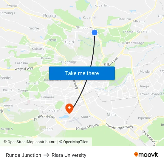 Runda Junction to Riara University map
