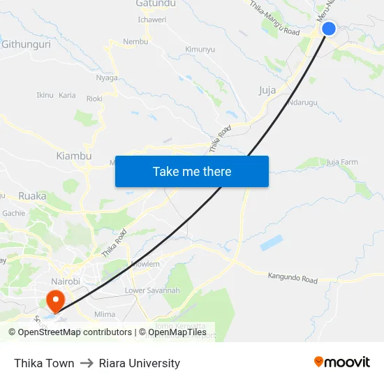 Thika Town to Riara University map