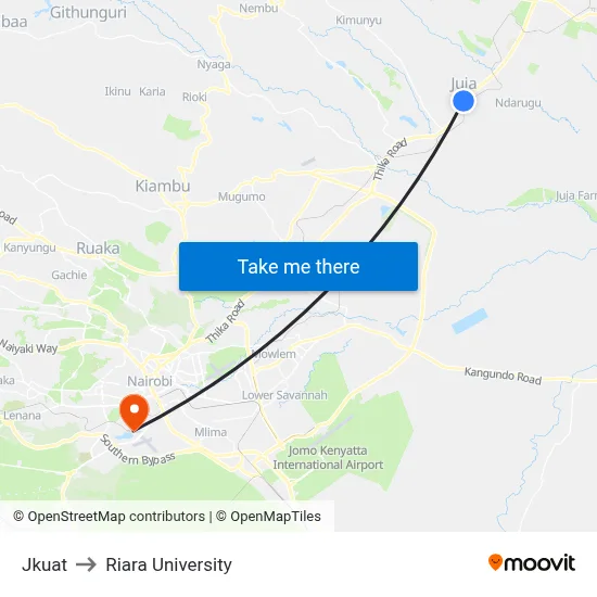 Jkuat to Riara University map