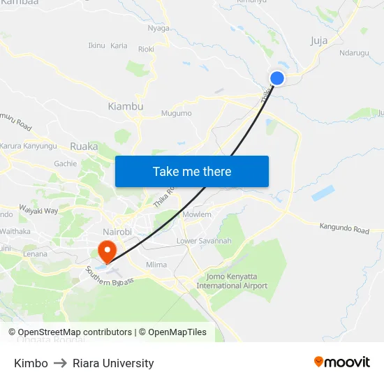 Kimbo to Riara University map