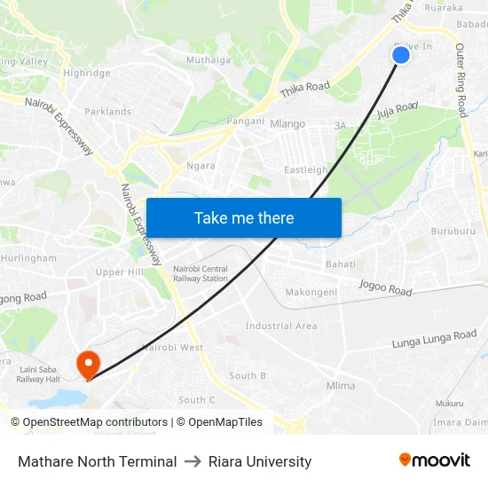 Mathare North Terminal to Riara University map