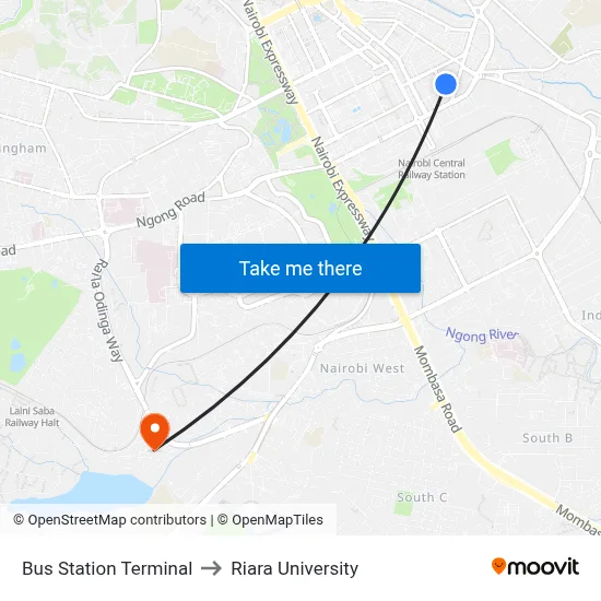 Bus Station Terminal to Riara University map