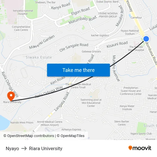 Nyayo to Riara University map