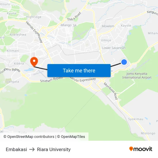 Embakasi to Riara University map