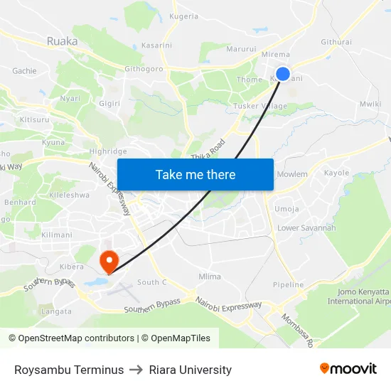 Roysambu Terminus to Riara University map