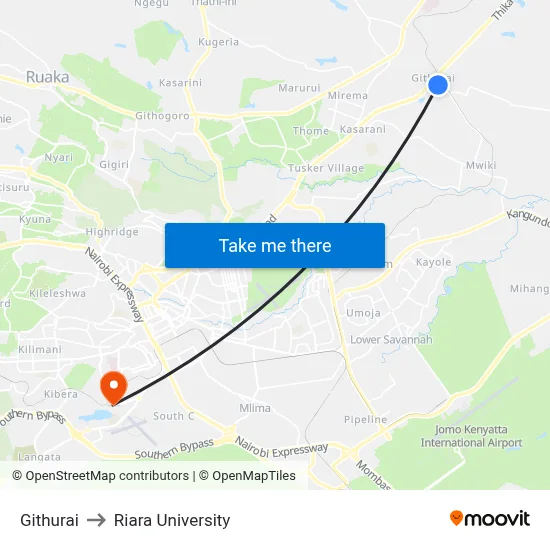 Githurai to Riara University map