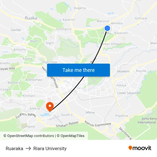 Ruaraka to Riara University map