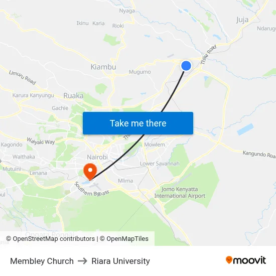 Membley Church to Riara University map