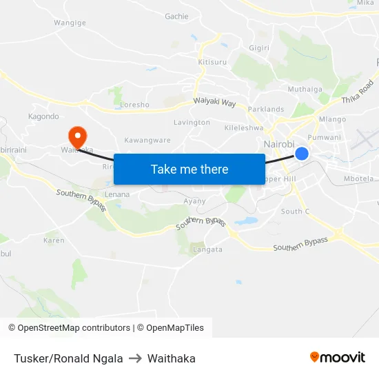 Tusker/Ronald Ngala to Waithaka map