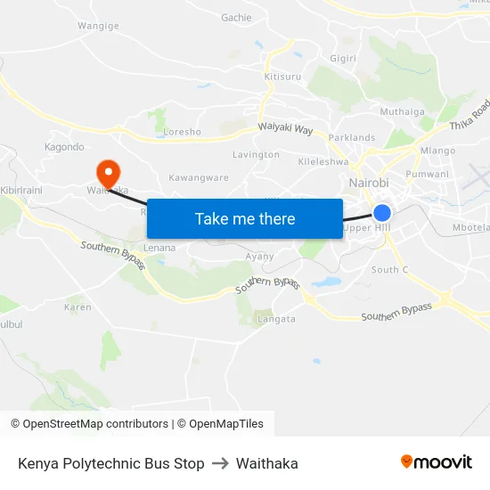 Kenya Polytechnic Bus Stop to Waithaka map