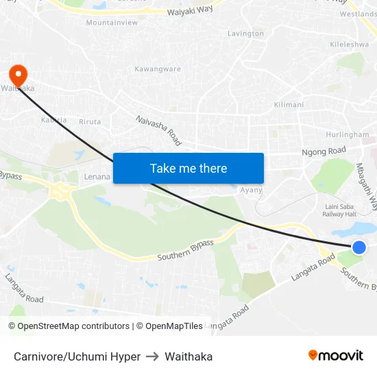 Carnivore/Uchumi Hyper to Waithaka map