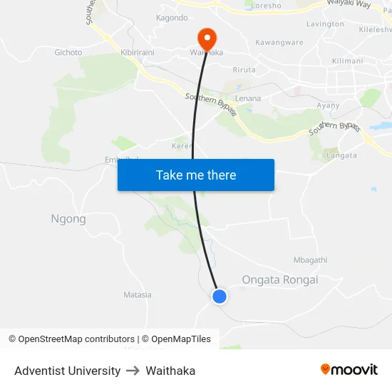 Adventist University to Waithaka map