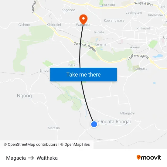 Magacia to Waithaka map