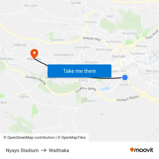 Nyayo Stadium to Waithaka map