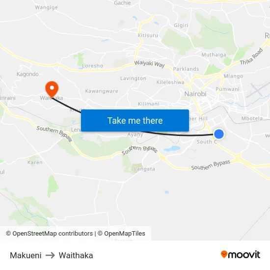 Makueni to Waithaka map