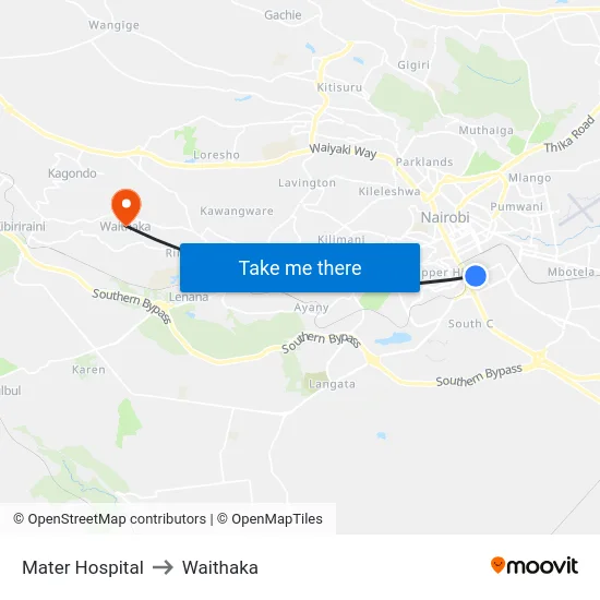 Mater Hospital to Waithaka map