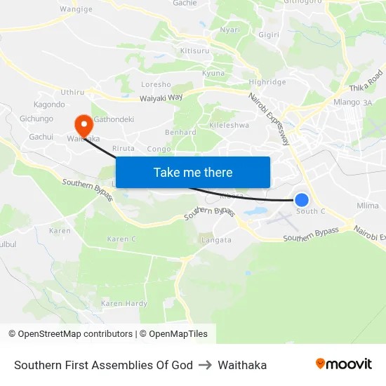Southern First Assemblies Of God to Waithaka map