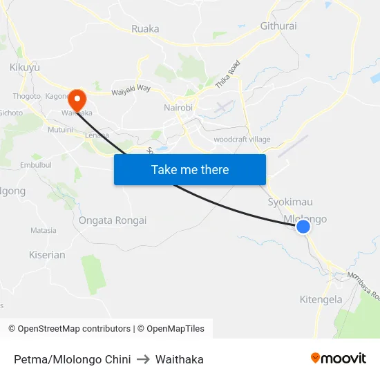 Petma/Mlolongo Chini to Waithaka map