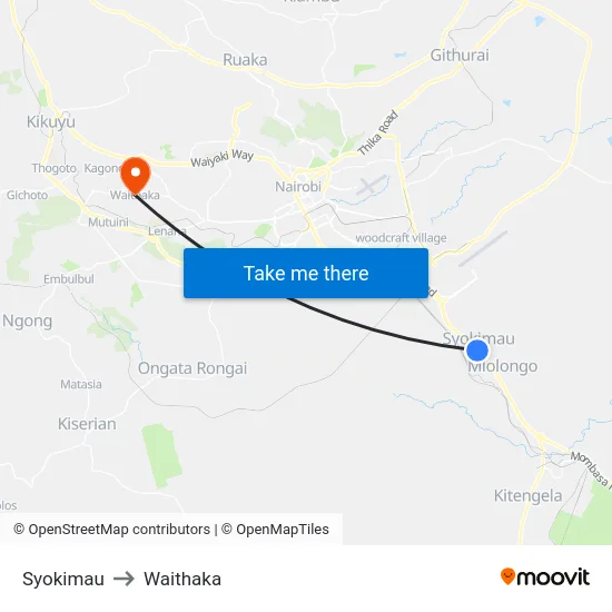 Syokimau to Waithaka map