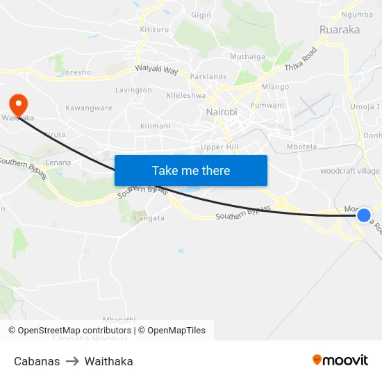 Cabanas to Waithaka map