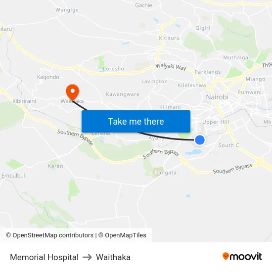 Memorial Hospital to Waithaka map